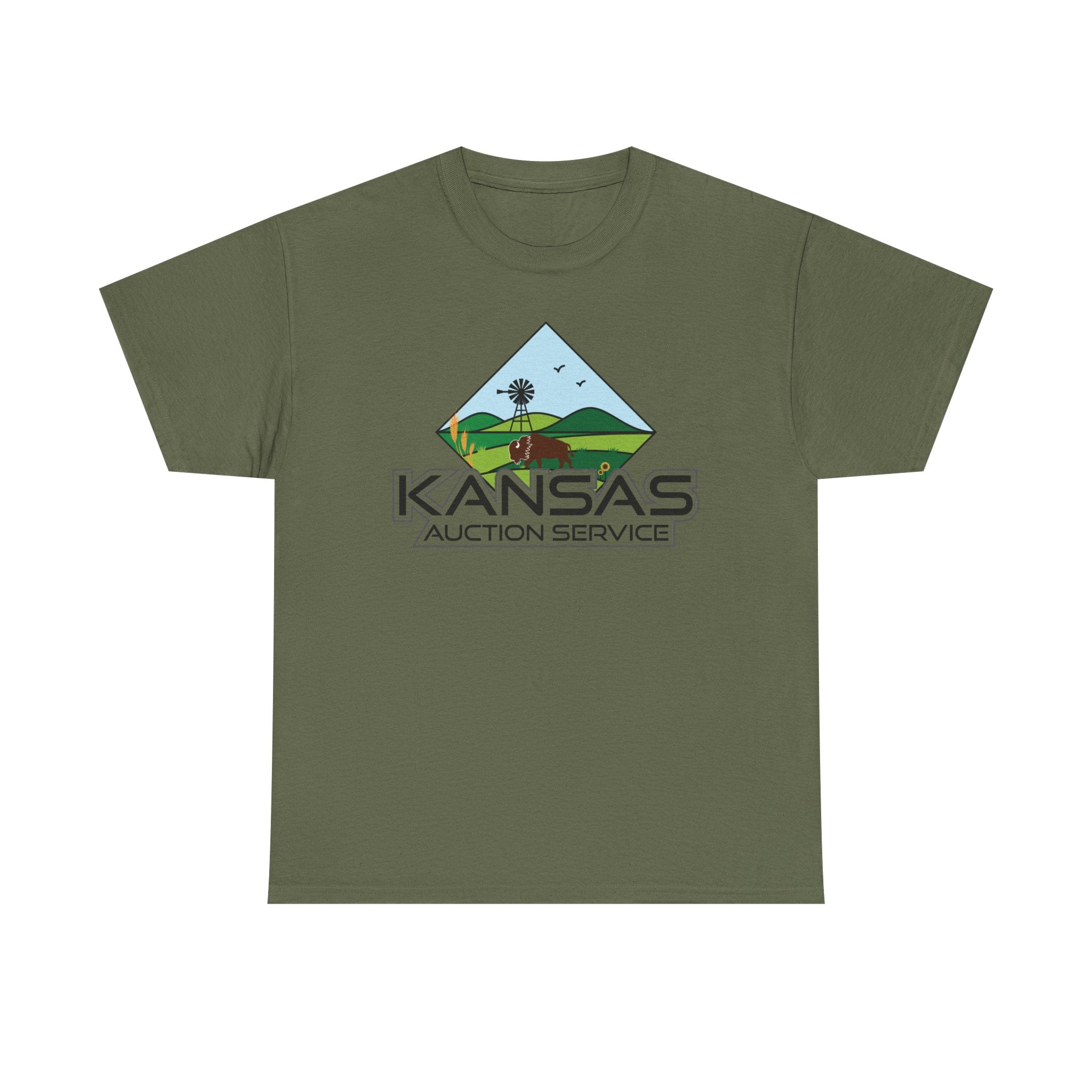 Kansas Auction Service Landscape T-Shirt — Retro Sunflower & Windmill State Pride Tee