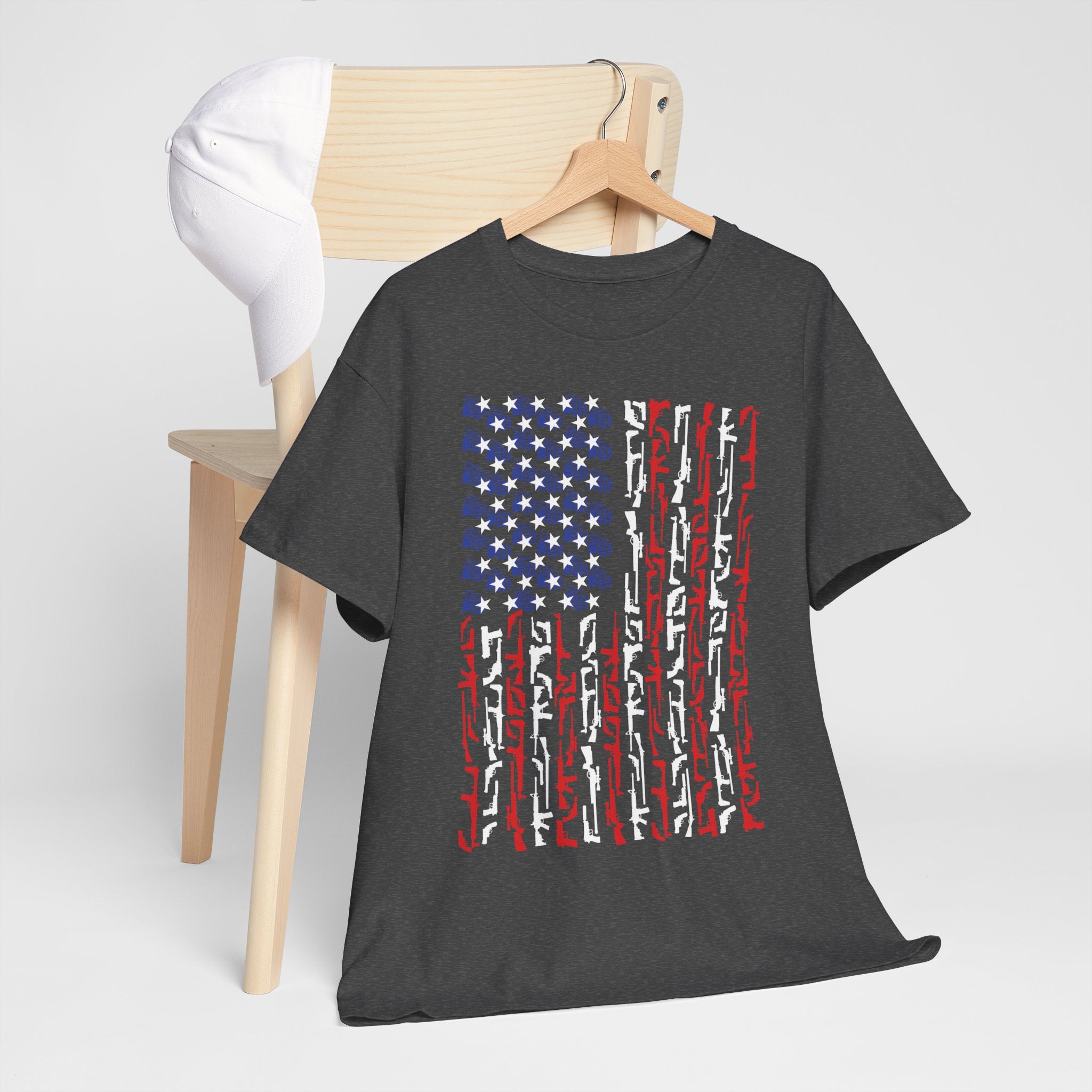 Armament of Freedom – Stars, Stripes & Firepower T-Shirt | Patriotic Unisex Heavy Cotton Tee - USA Flag Design