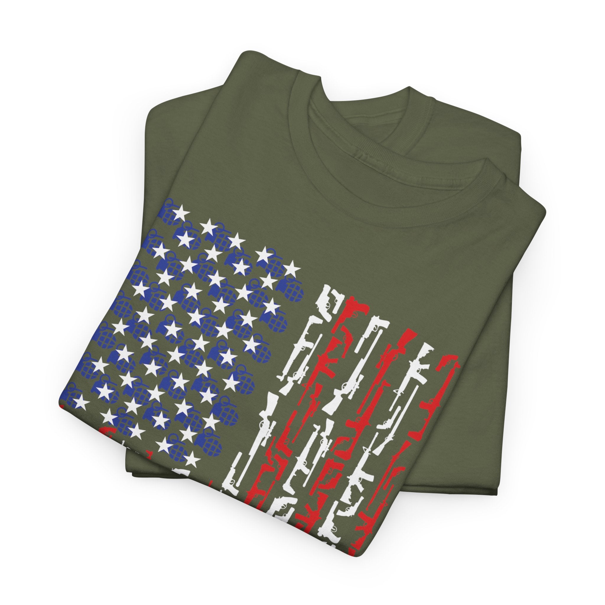 Armament of Freedom – Stars, Stripes & Firepower T-Shirt | Patriotic Unisex Heavy Cotton Tee - USA Flag Design