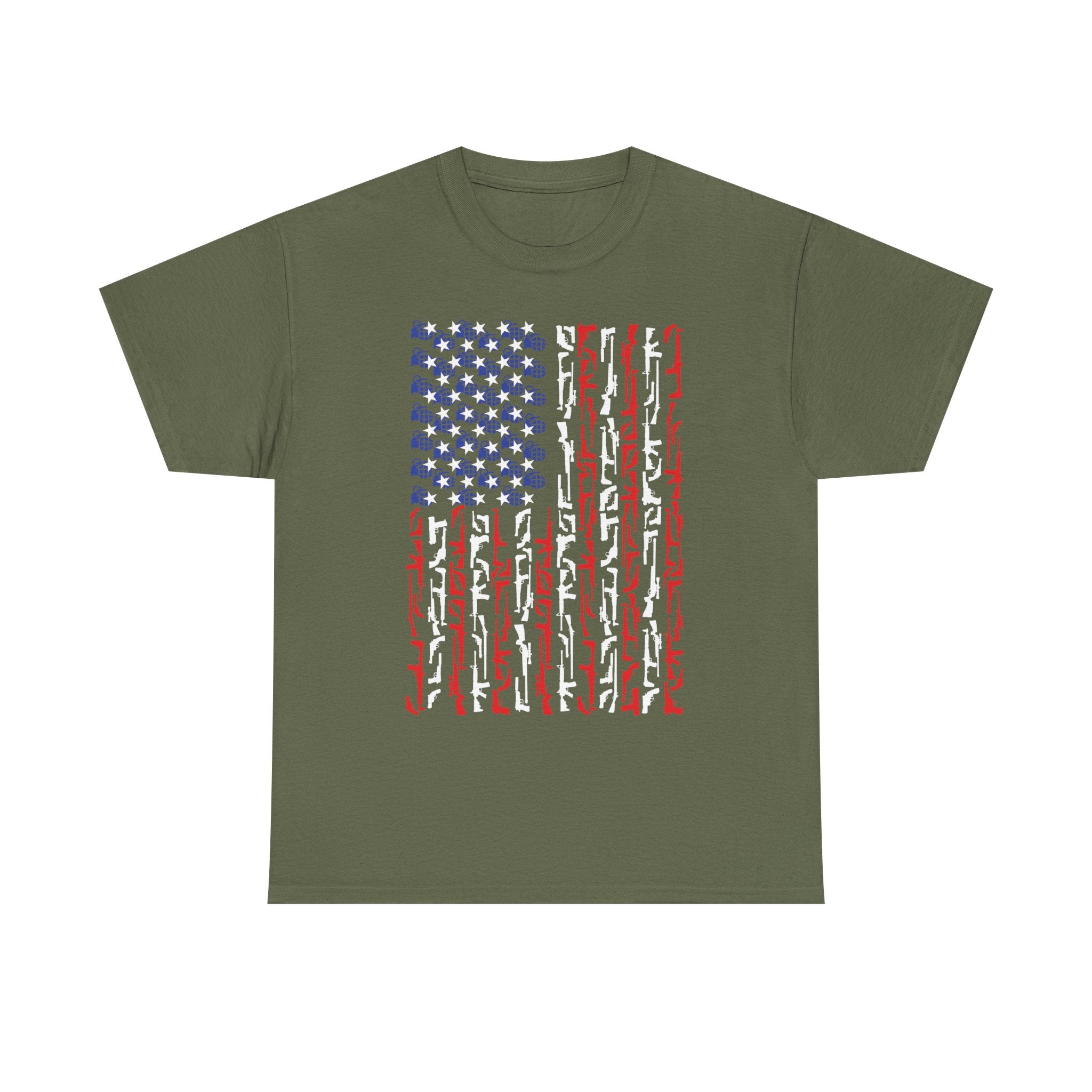 Armament of Freedom – Stars, Stripes & Firepower T-Shirt | Patriotic Unisex Heavy Cotton Tee - USA Flag Design