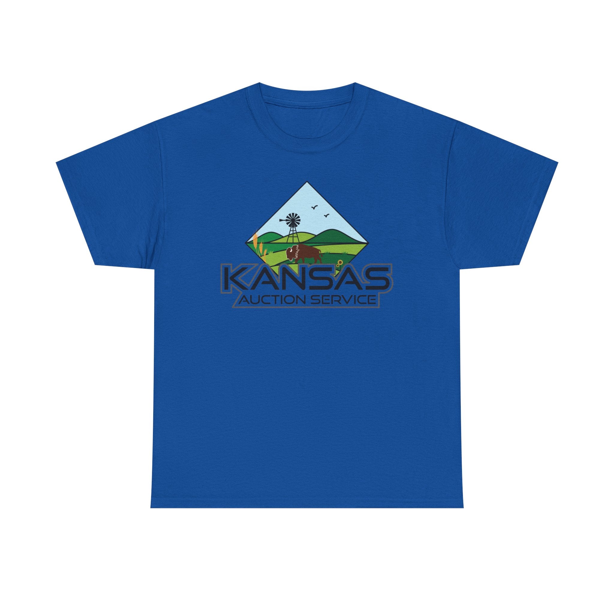 Kansas Auction Service Landscape T-Shirt — Retro Sunflower & Windmill State Pride Tee