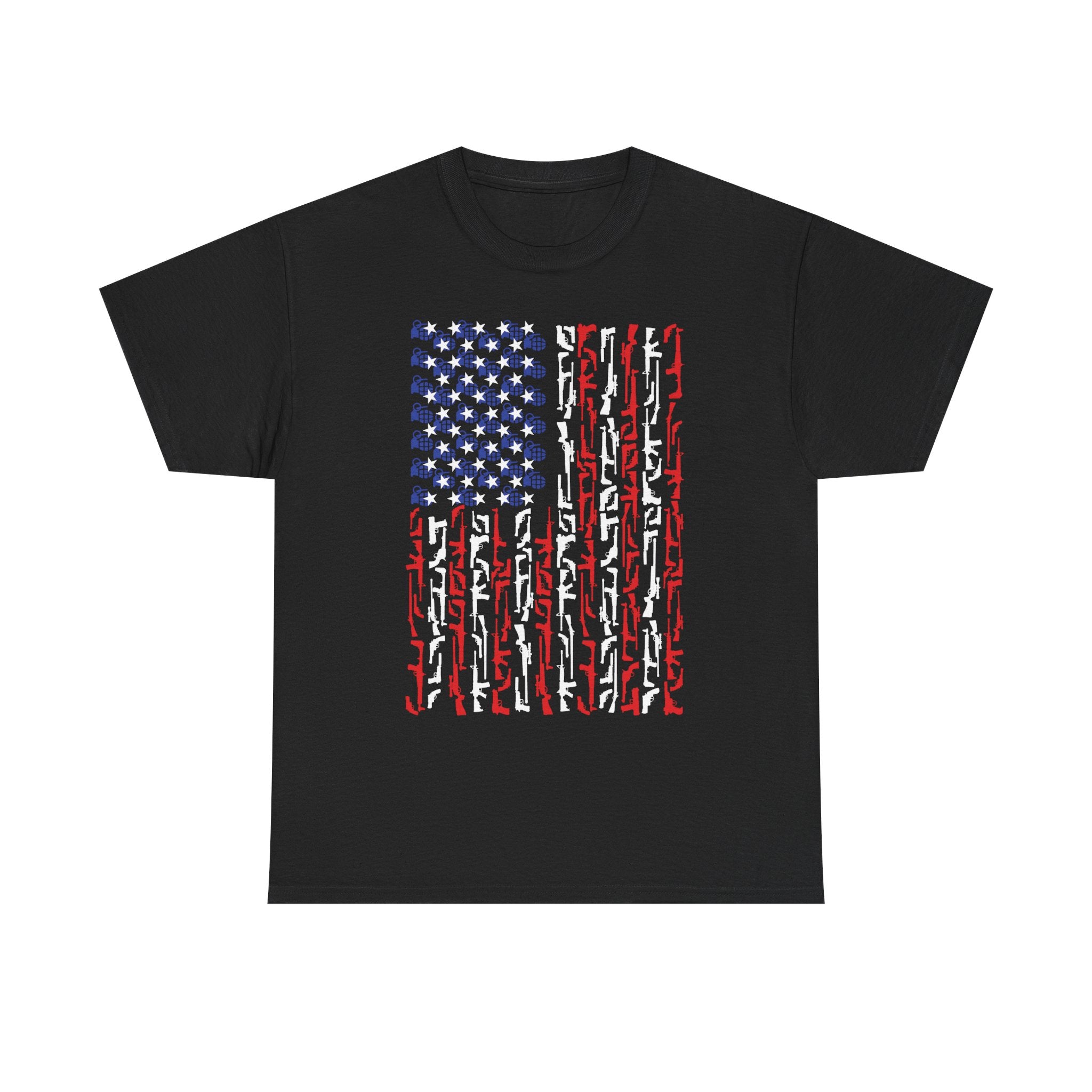 Armament of Freedom – Stars, Stripes & Firepower T-Shirt | Patriotic Unisex Heavy Cotton Tee - USA Flag Design
