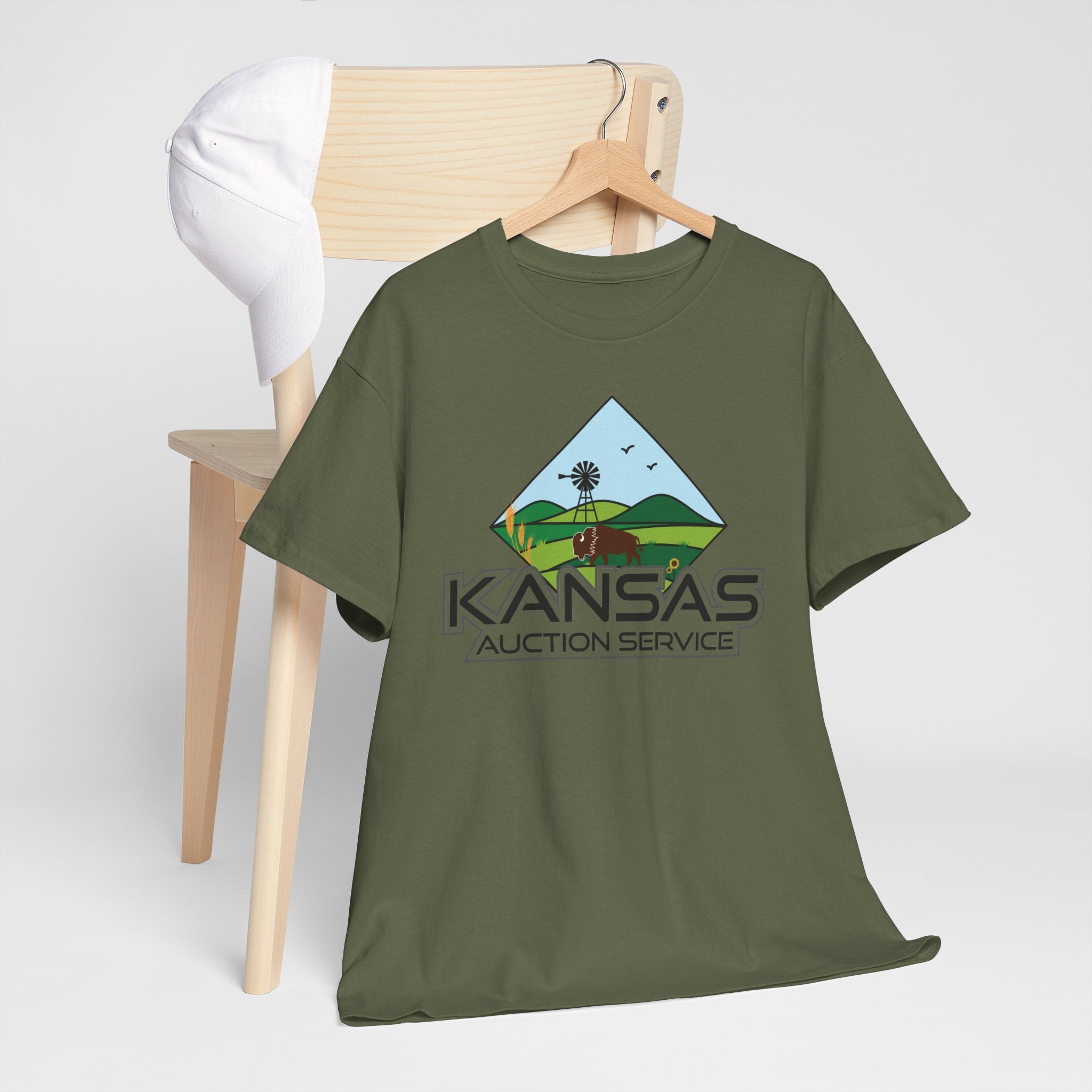 Kansas Auction Service Landscape T-Shirt — Retro Sunflower & Windmill State Pride Tee