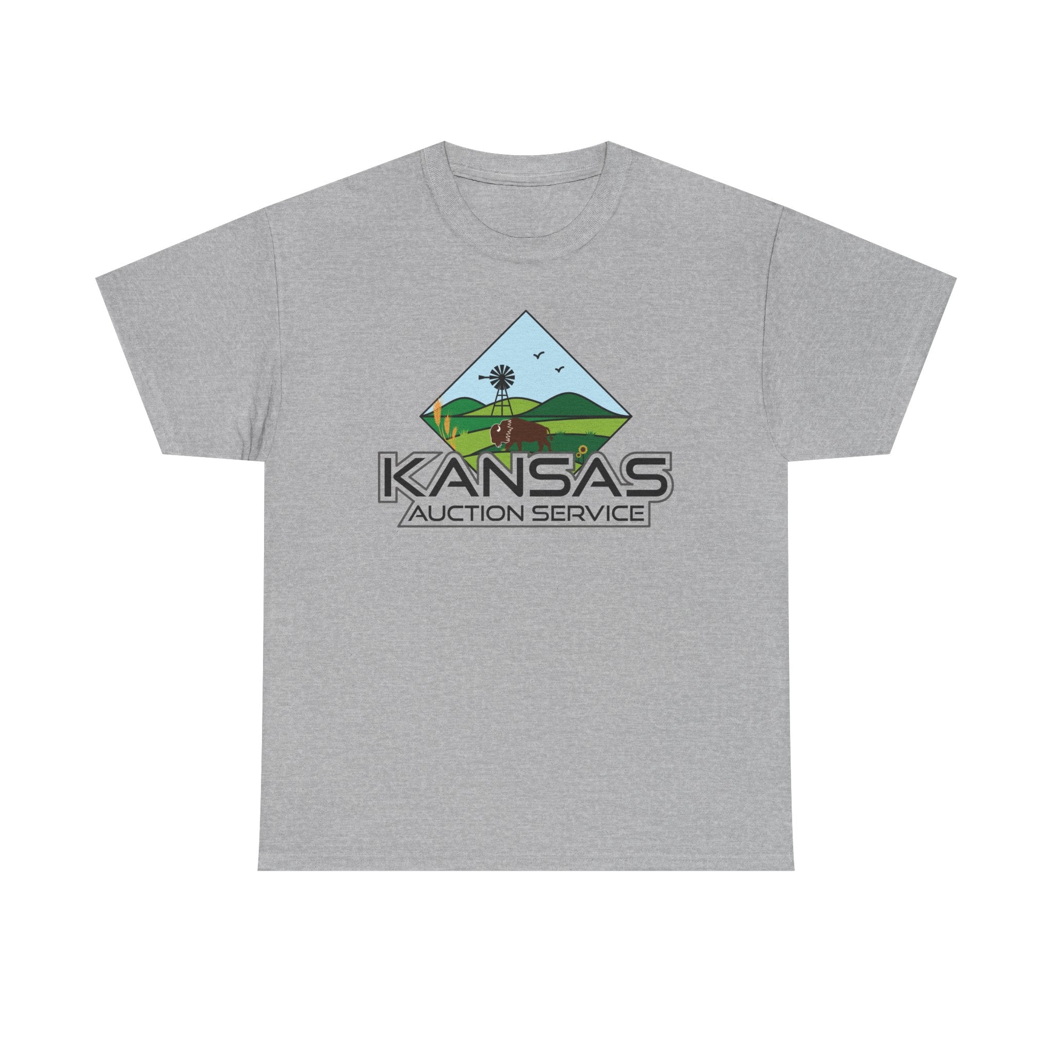Kansas Auction Service Landscape T-Shirt — Retro Sunflower & Windmill State Pride Tee