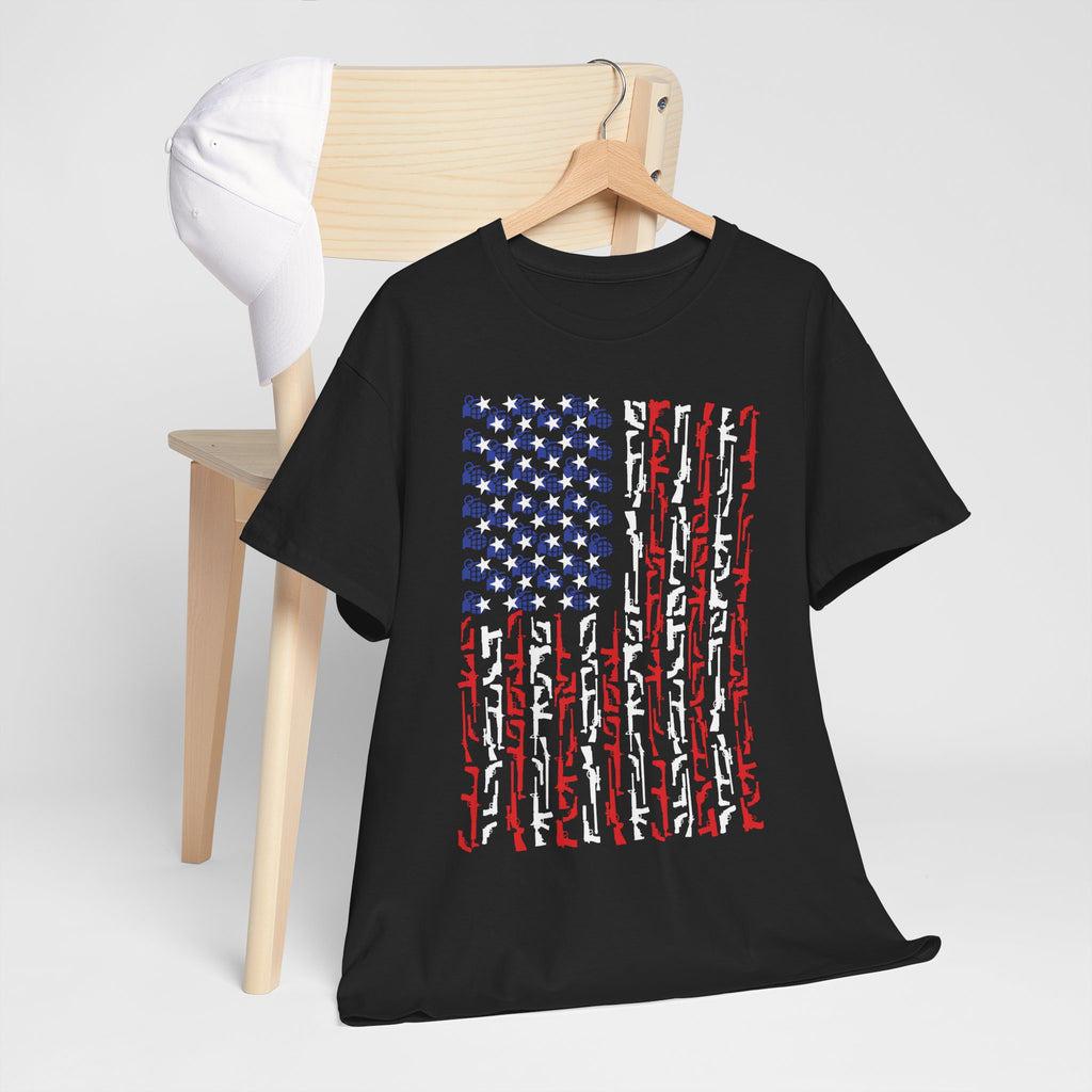 Armament of Freedom – Stars, Stripes & Firepower T-Shirt | Patriotic Unisex Heavy Cotton Tee - USA Flag Design