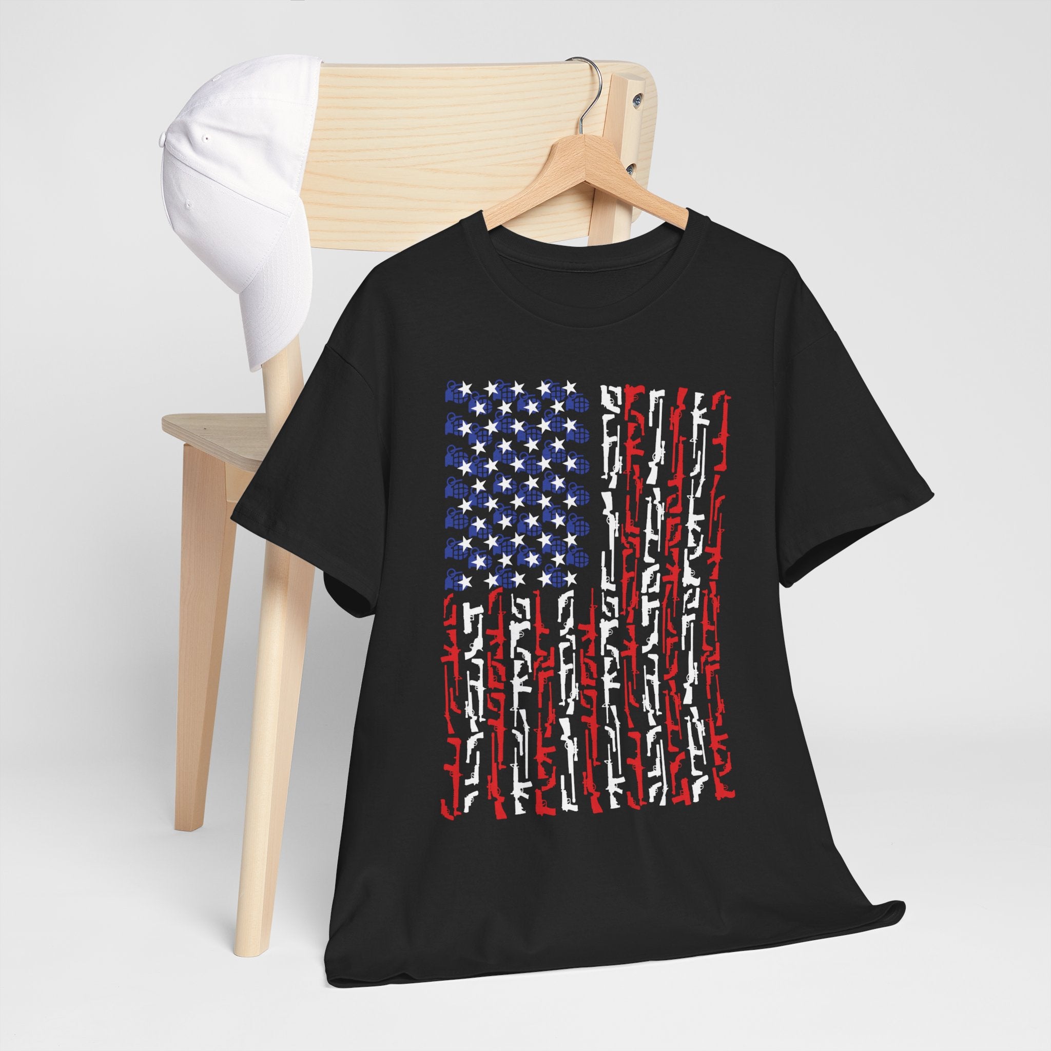 Armament of Freedom – Stars, Stripes & Firepower T-Shirt | Patriotic Unisex Heavy Cotton Tee - USA Flag Design