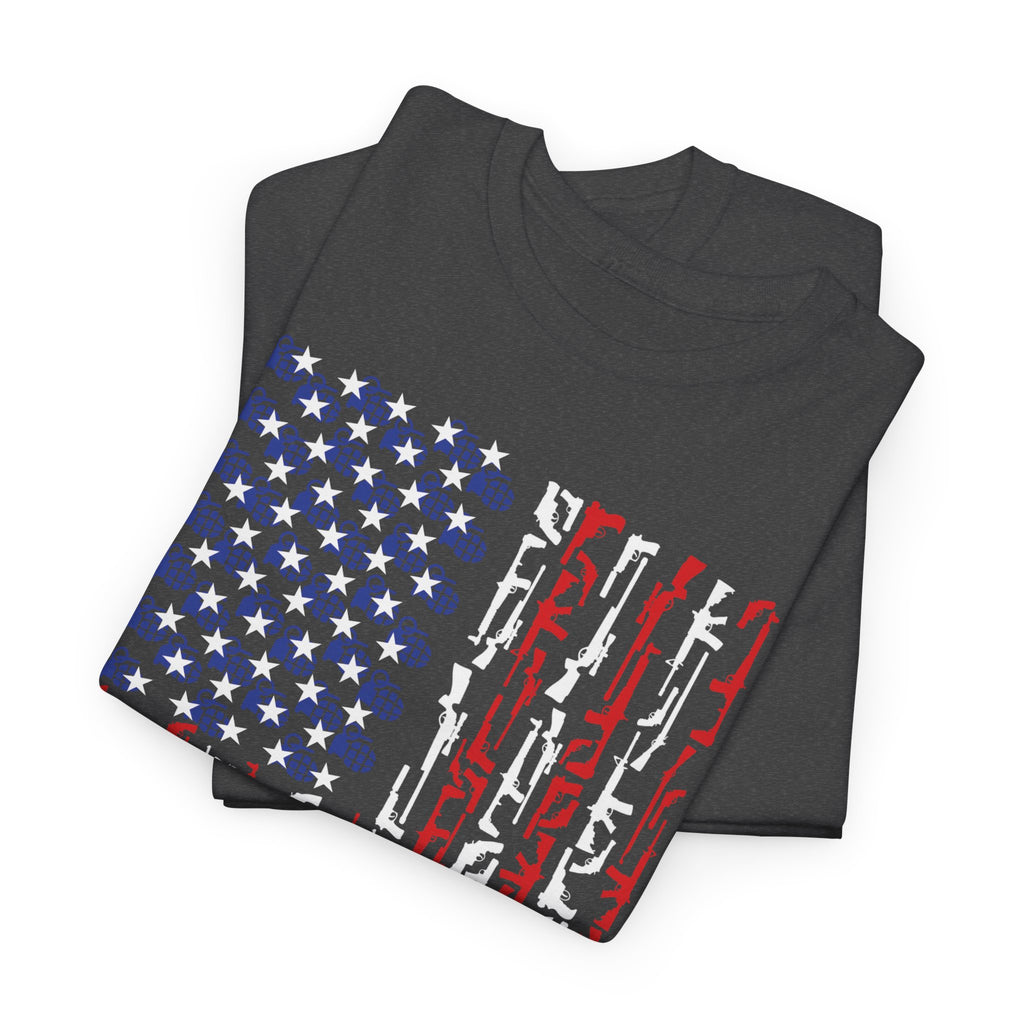 Armament of Freedom – Stars, Stripes & Firepower T-Shirt | Patriotic Unisex Heavy Cotton Tee - USA Flag Design
