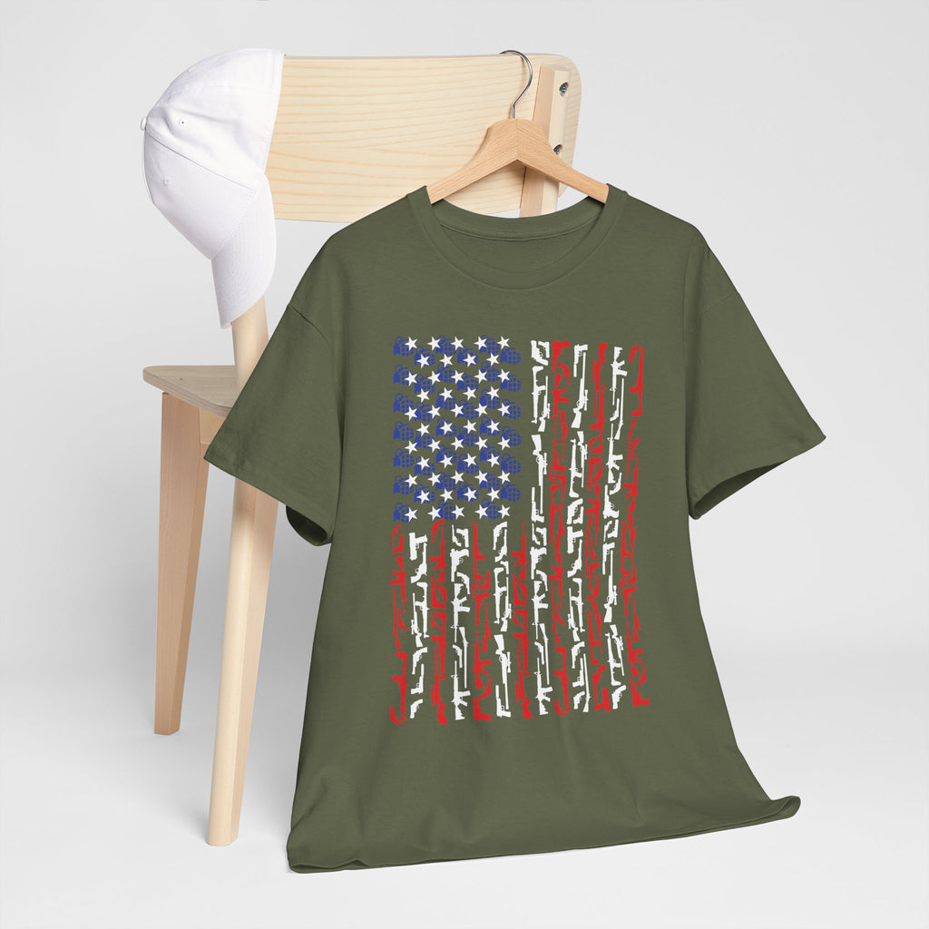 Armament of Freedom – Stars, Stripes & Firepower T-Shirt | Patriotic Unisex Heavy Cotton Tee - USA Flag Design