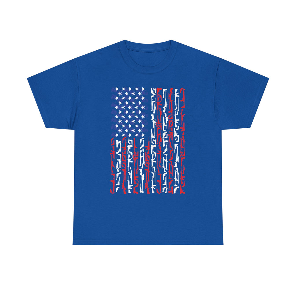 Armament of Freedom – Stars, Stripes & Firepower T-Shirt | Patriotic Unisex Heavy Cotton Tee - USA Flag Design