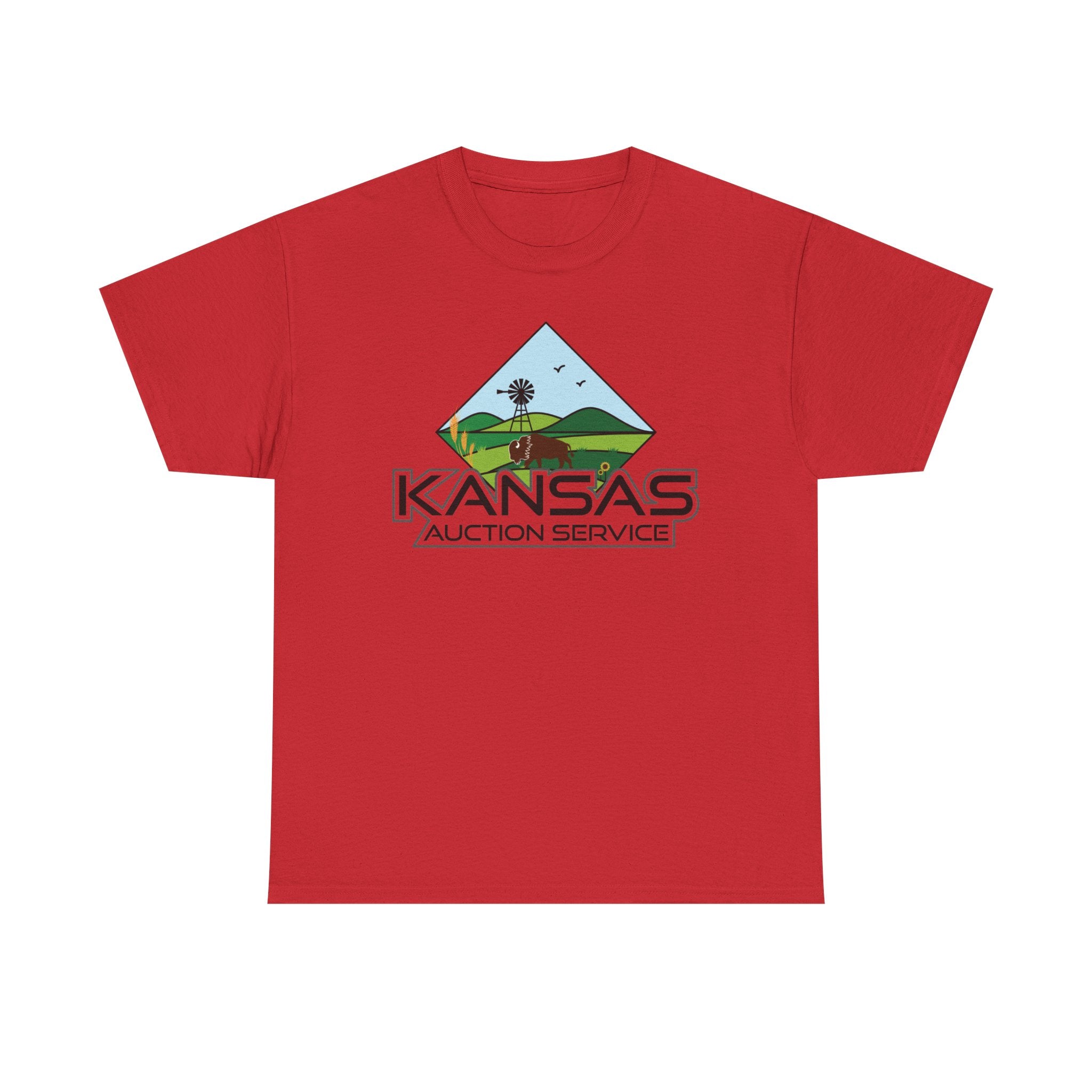Kansas Auction Service Landscape T-Shirt — Retro Sunflower & Windmill State Pride Tee