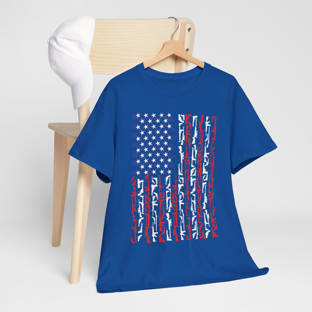 Armament of Freedom – Stars, Stripes & Firepower T-Shirt | Patriotic Unisex Heavy Cotton Tee - USA Flag Design