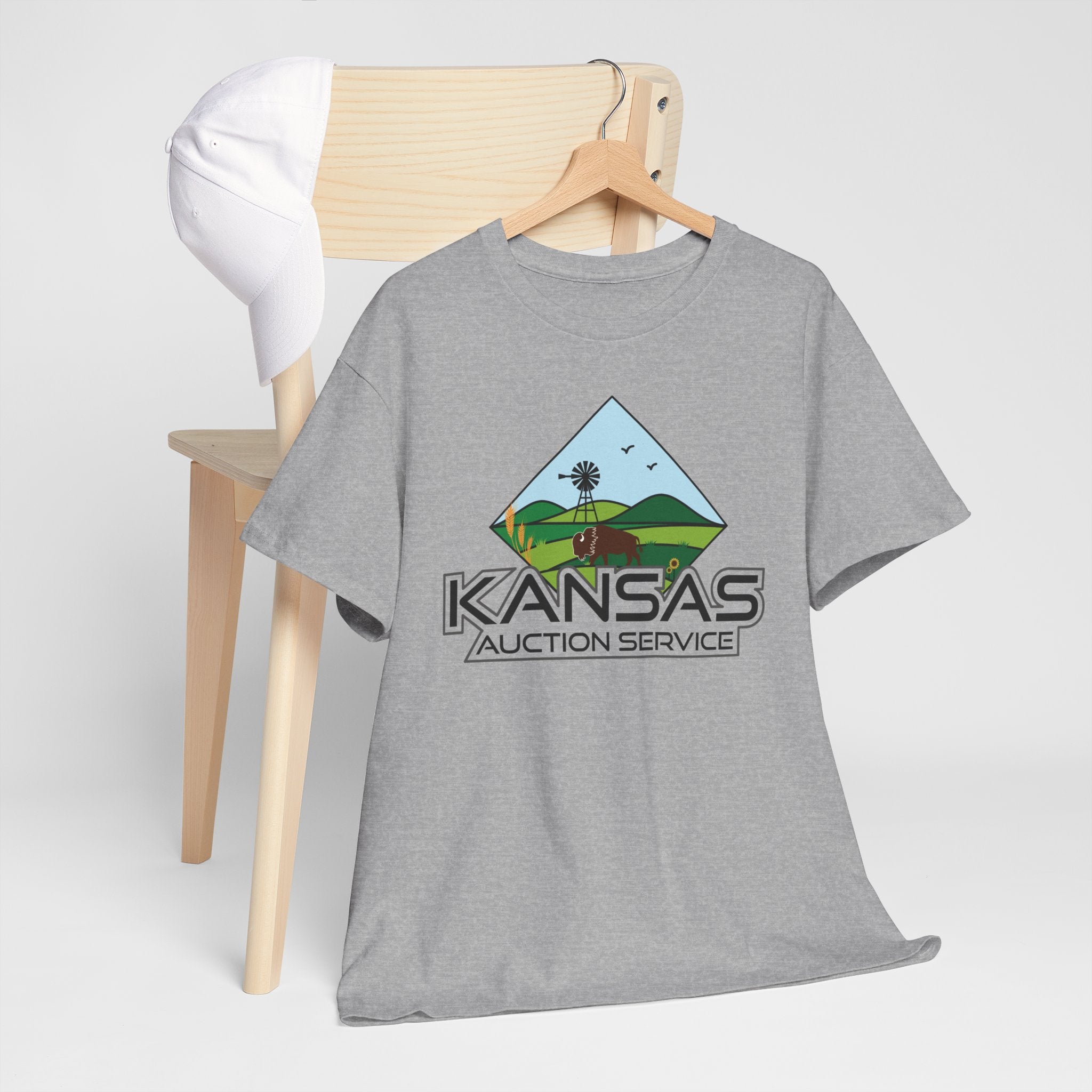 Kansas Auction Service Landscape T-Shirt — Retro Sunflower & Windmill State Pride Tee
