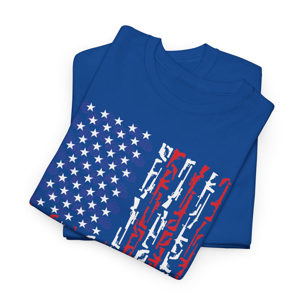 Armament of Freedom – Stars, Stripes & Firepower T-Shirt | Patriotic Unisex Heavy Cotton Tee - USA Flag Design