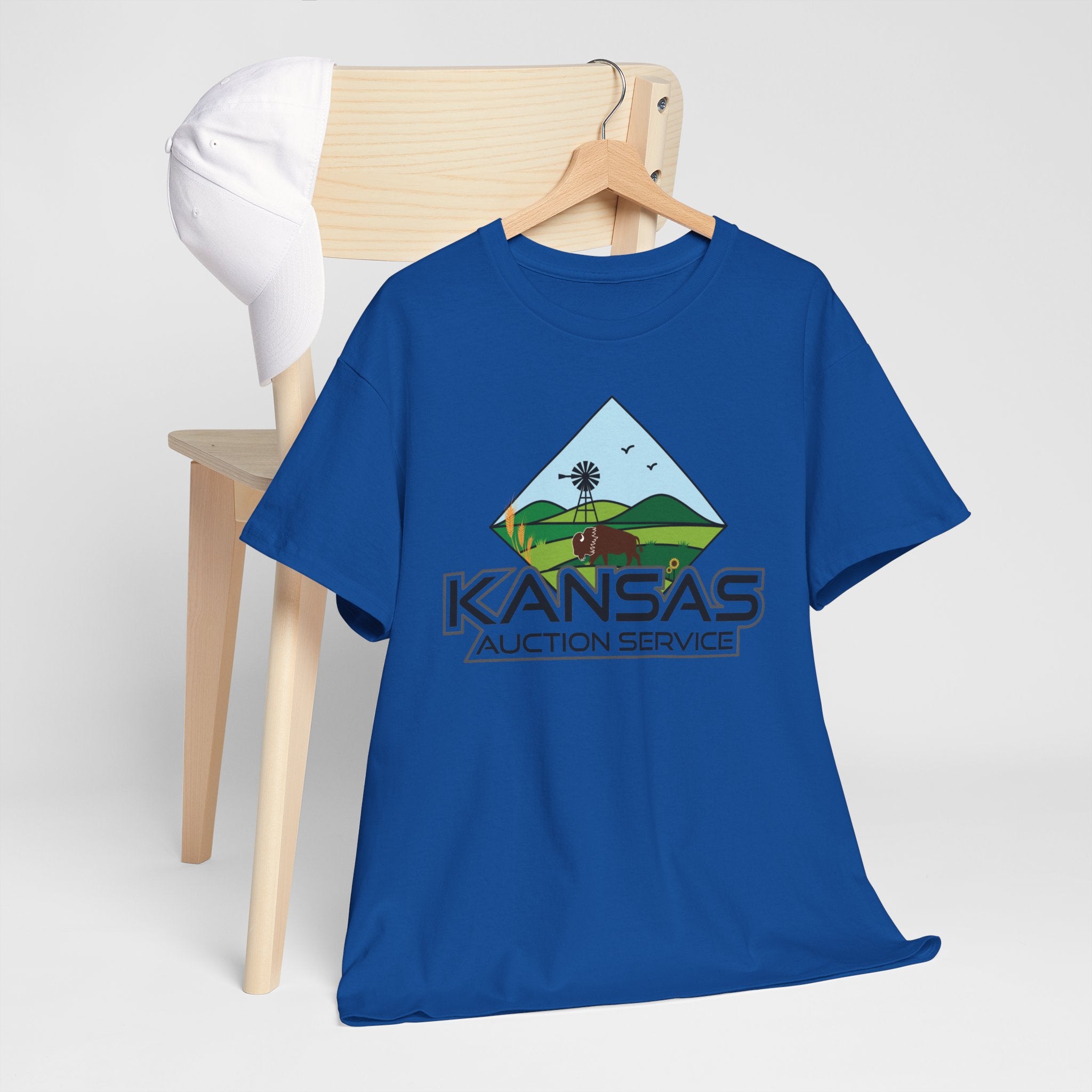 Kansas Auction Service Landscape T-Shirt — Retro Sunflower & Windmill State Pride Tee